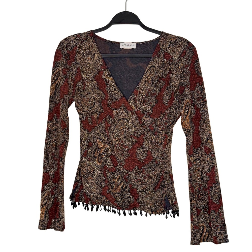 Vintage 90s Metaphor Paisley Vneck Surplice Top Long Sleeve Fringe Witchy Fall S